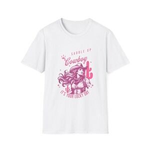 Womens Saddle Up Cowboy Lucky Day Graphic Tee Pink Western‎ Style | White L